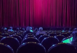 Back view in front of scenario with people sitting and waiting in the theater for the show
