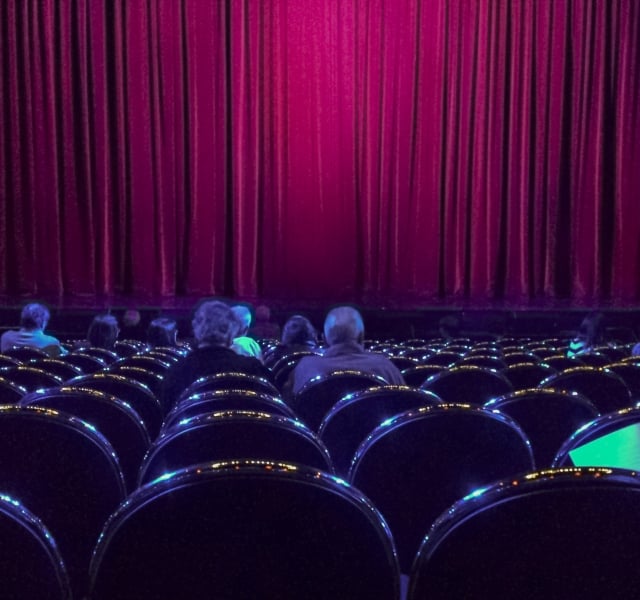 Back view in front of scenario with people sitting and waiting in the theater for the show