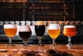 different types of craft beer in glasses on table in pub interior in daylight