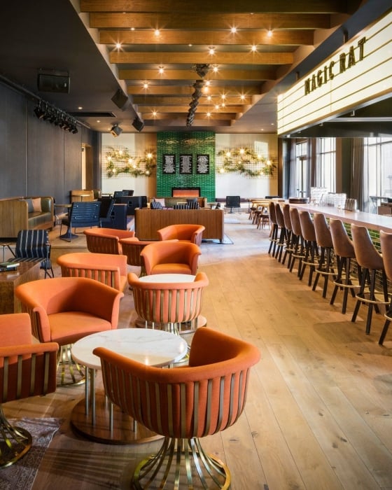 The bar at Magic Rat, a live music venue in the Elizabeth Hotel, featuring warm recessed lighting, a long bar and retro orange chairs around round tables