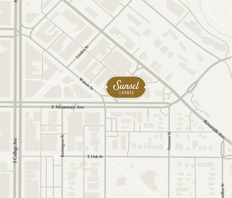 A road map of Fort Collins with a Sunset Lounge icon symbolizing its location