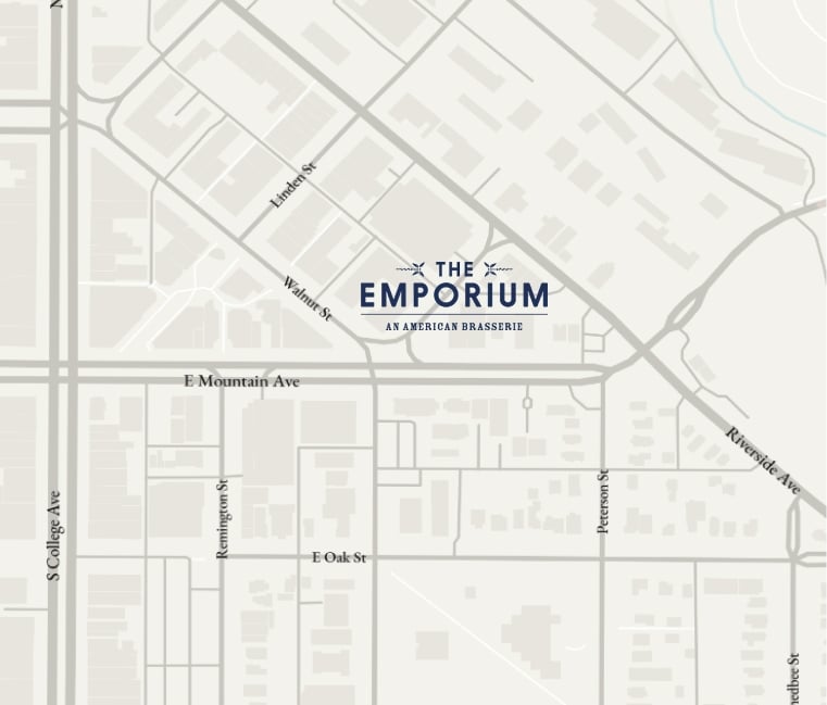 A street map of Fort Collins with a logo marking the location of the Emporium at the Elizabeth Hotel