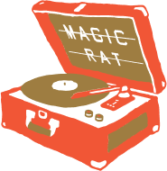 A suitcase vinyl record player with the words 