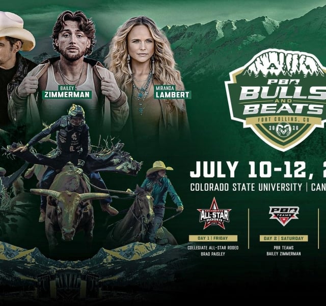 Promotional poster for PBR Bulls & Beats at Colorado State University Canvas Stadium, July 10–12, 2026, featuring Brad Paisley, Bailey Zimmerman, and Miranda Lambert.