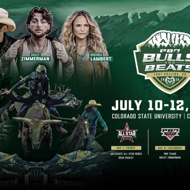 Promotional poster for PBR Bulls & Beats at Colorado State University Canvas Stadium, July 10–12, 2026, featuring Brad Paisley, Bailey Zimmerman, and Miranda Lambert.