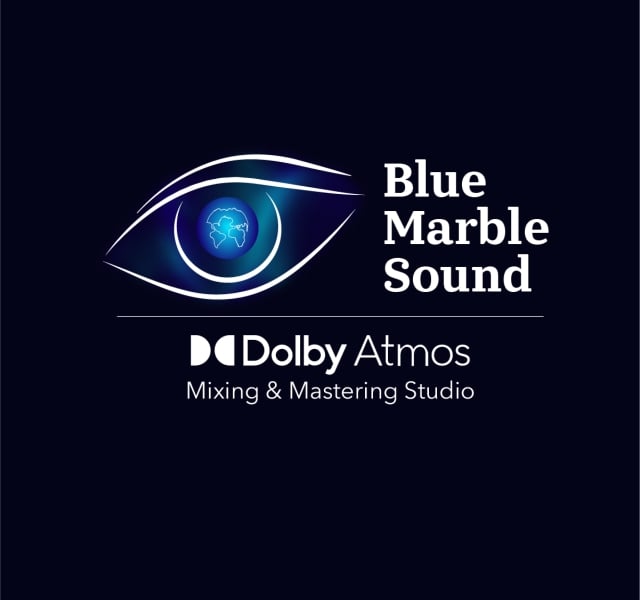 Logo for Blue Marble Sound featuring an abstract white eye around a blue globe and Dolby Atmos Mixing & Mastering Studio text.