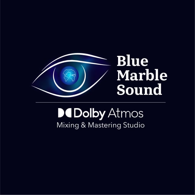 Logo for Blue Marble Sound featuring an abstract white eye around a blue globe and Dolby Atmos Mixing & Mastering Studio text.