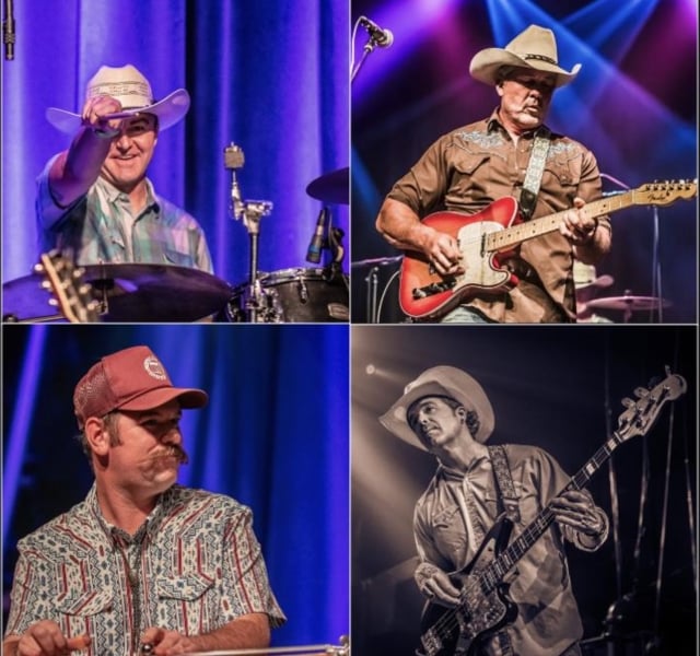 Collage of four country musicians performing on stage: a drummer tipping his hat, a guitarist with a red guitar, a bassist in a cowboy hat, and another musician at drums.