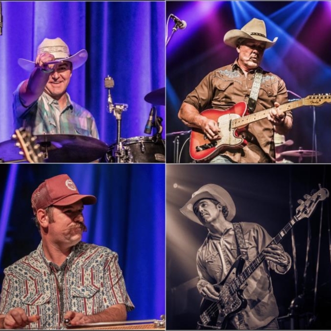 Collage of four country musicians performing on stage: a drummer tipping his hat, a guitarist with a red guitar, a bassist in a cowboy hat, and another musician at drums.
