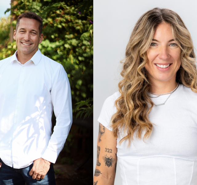 Side-by-side headshots: man outdoors in a white shirt on the left, woman with wavy blonde hair and tattoos on the right, both smiling.