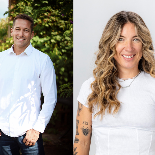 Side-by-side headshots: man outdoors in a white shirt on the left, woman with wavy blonde hair and tattoos on the right, both smiling.
