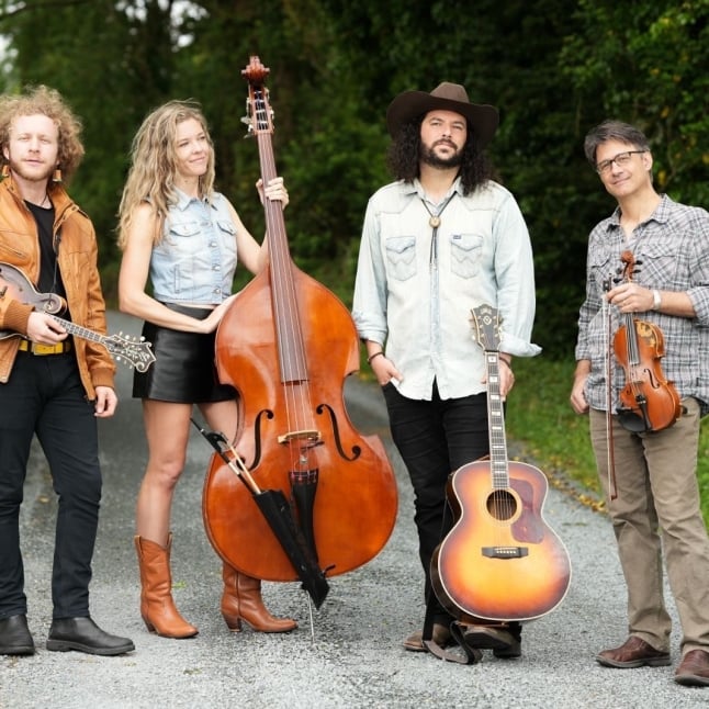 Four musicians posing outdoors on a gravel path with their instruments: mandolin, upright bass, acoustic guitar, and violin.
