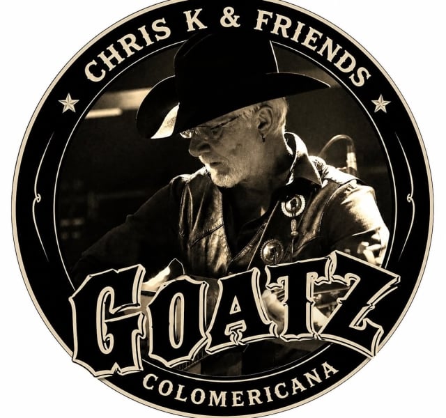 Circular logo featuring a sepia-toned photo of a man in a cowboy hat playing guitar, with 'CHRIS K & FRIENDS' arched along the top edge and stylized text overlapping the bottom.