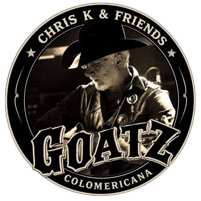 Circular logo featuring a sepia-toned photo of a man in a cowboy hat playing guitar, with 'CHRIS K & FRIENDS' arched along the top edge and stylized text overlapping the bottom.